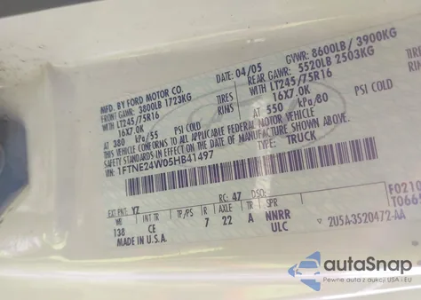 2005 Ford E-250 Commercial/Recreational z USA, uszkodzony, nr VIN 1FTNE24W05HB41497